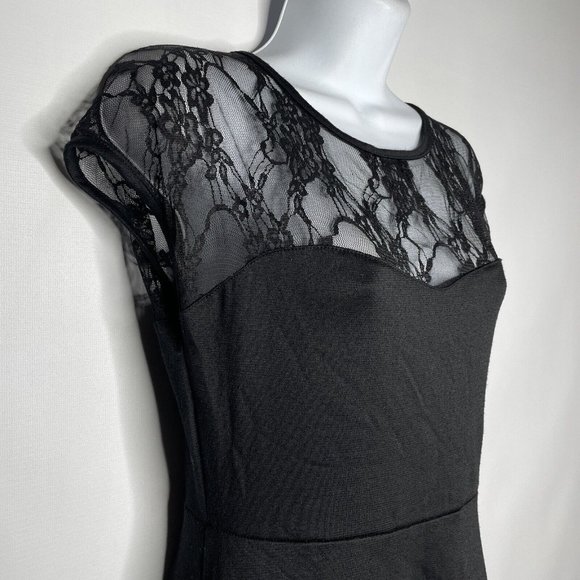 Rock Steady Retro Black Stretch Jersey Floral Mesh Lace Fit Flare Dress - Picture 4 of 8